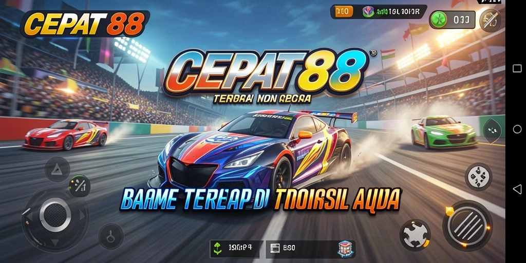 Screenshot gameplay CEPAT88 menampilkan mobil balap di lintasan yang mendebarkan.