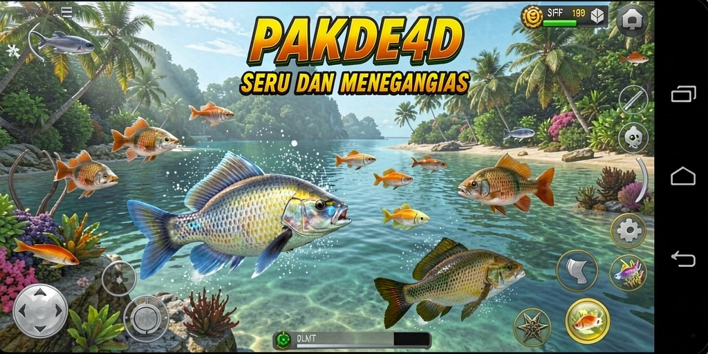 Screenshot utama PAKDE4D menampilkan aksi menembak ikan yang seru di lautan.