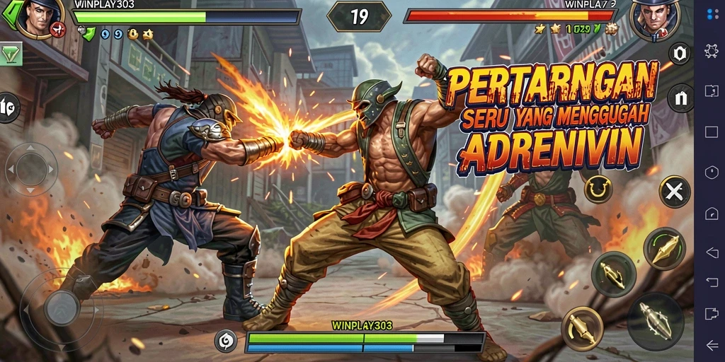 Screenshot WINPLAY303 menampilkan pertarungan epik antara dua karakter di arena.